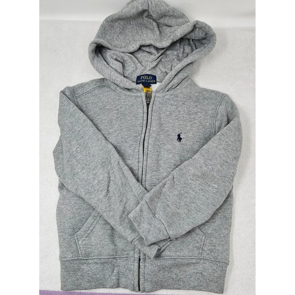 Polo Ralph Lauren Boy's 4T Toddler Full Zip Fleece Hoodie Gray, Navy Pony, EUC!
